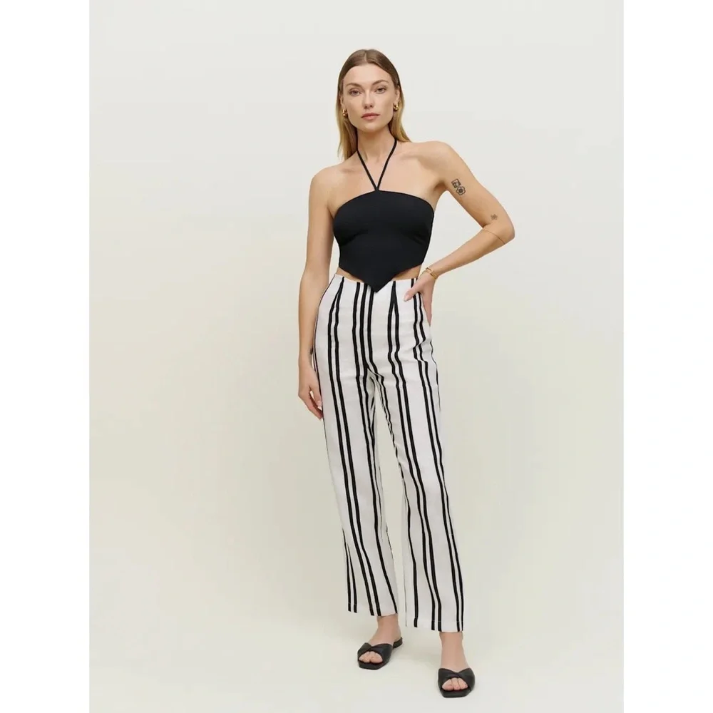 NWT Reformation‎ Poppy Linen High Rise Straight Leg Pant PJ Stripe Black & White